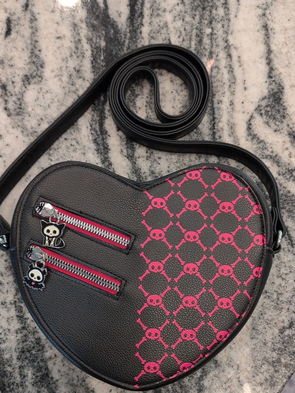 Black Heart Crossbody Bag with Pink Skull Lattice